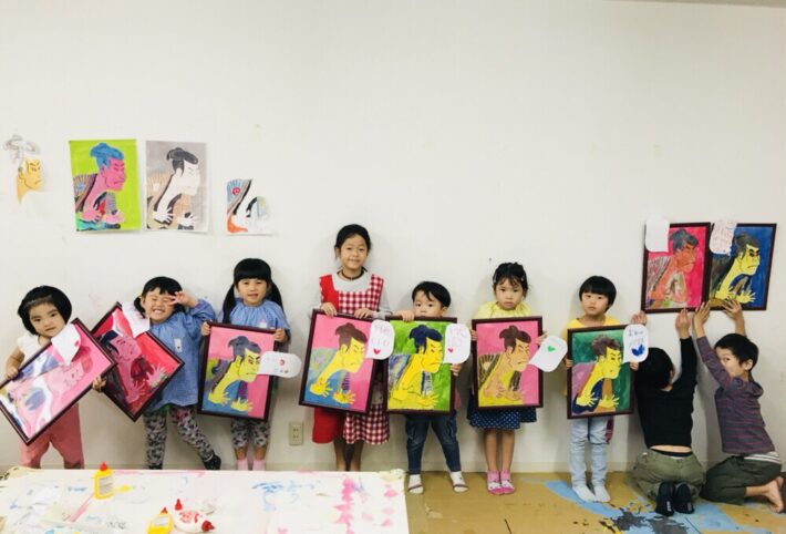 写楽の浮世絵 を子供たちがポップアート風に描きました！