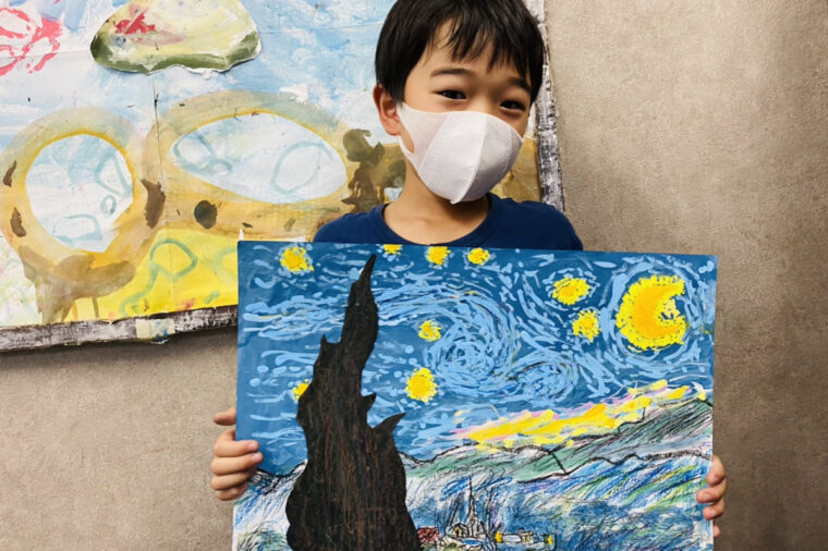 ゴッホの星月夜】を描きました！子供でも簡単な油絵風ゴッホの描き方 大阪の子供向け絵画教室「モネスク」