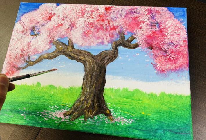 桜アートを体験！子供たちでも簡単「アクリル絵の具とキャンバスで描くサクラの木」